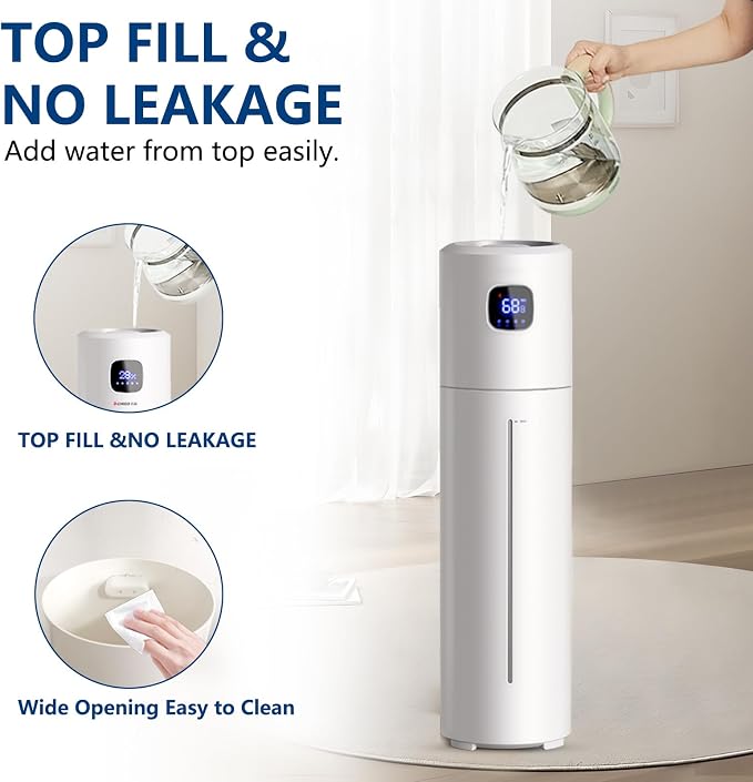 Large Humidifiers for Bedroom, 9L/2.5Gal Ultrasonic Cool Mist, Top Fill Easy Clean with 350ML/H Mist Speed, Quiet, Suitable for Kids Room Plant Yoga Office Study Room Living (White, Round) - Image 3