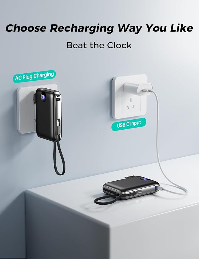 Portable Charger with Built-in Cables & Wall Plug, 10000mAh Power Bank, 4 Outputs 22.5W USB C Fast Charging, Slim Travel Battery Pack with LED Display for iPhone 17/16/15/14, Black - Image 6
