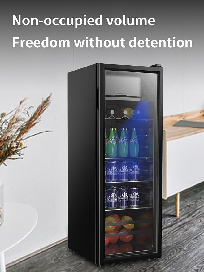 Beverage Refrigerator Cooler 180 Can Freestanding Beverage Cooler with Adjustable Shelving Glass Door for Beer Soda or Wine for Home Office or Bar - Image 4