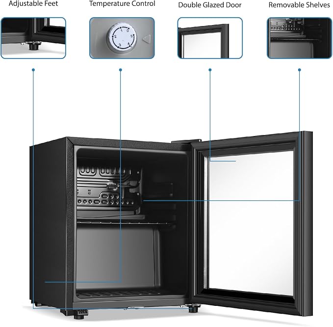 Saeoola Beverage Refrigerator, 1.3 Cu.ft Mini Fridge with Double Glass Door, Cooler for Soda, Beer or Wine for Home, Office or Bar with Adjustable Removable Shelves (Black) - Image 4