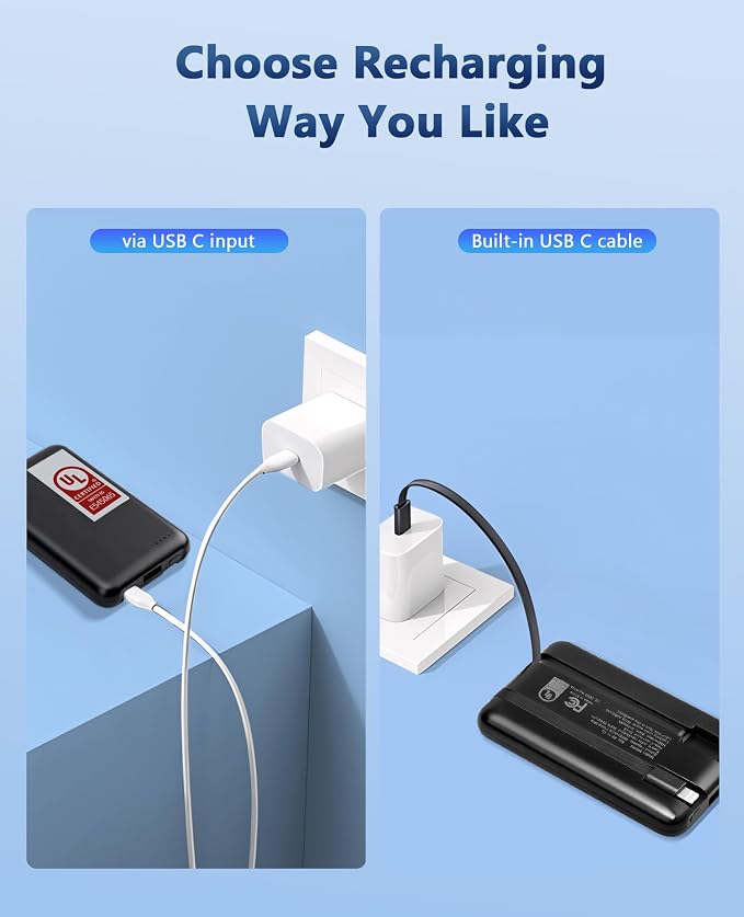 Miady 2-Pack Small Portable Charger UL Listed, 5000mAh Slim Power Bank Built-in 2 Cables Lightweight Travel Battery Pack 3 Outputs 2 Inputs Compatible with iPhone 17/16/15/14/13 Galaxy S24/S22 etc - Image 4