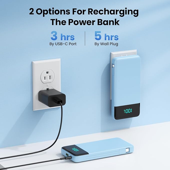 Portable Charger for iPhone,13800mAh Slim Power Bank with Built-in Cables & AC Wall Plug,All in One 4 Outputs USB C Fast Charging Battery Pack Travel Essential for iPhone 17/16/15/14,Android(Sky Blue) - Image 5