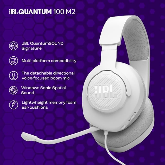 JBL Quantum 100M2 Wired Gaming Headset, Detachable Mic - White | Memory Foam Ear Cushions And 3.5 Mm Jack Work With PC, PlayStation, Xbox, Nintendo Switch For Immersive PC Gaming Sessions - Image 5