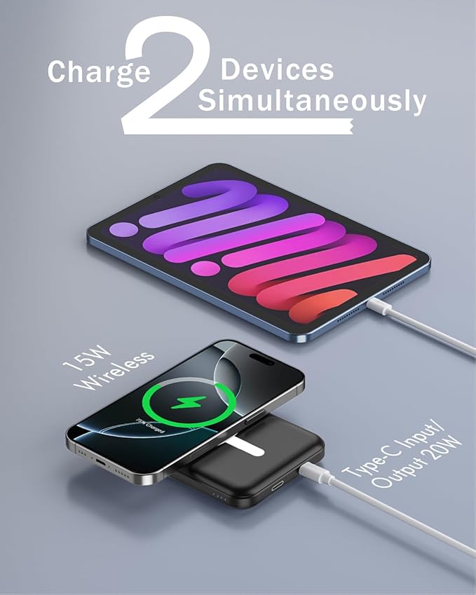 podoru for Magsafe Battery Pack, 5000mAh Magnetic Power Bank with Type-C Cable 20W PD Fast Charging Lighting Input Wireless Portable Charger for iPhone 17/16/15/14/13/12/ All Series-Black - Image 5