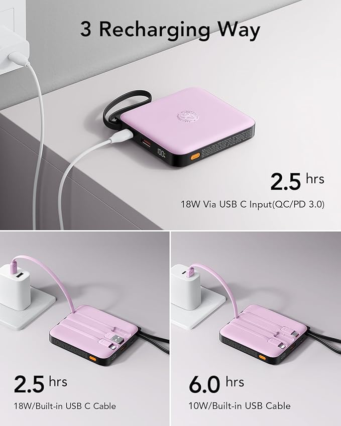 VRURC Portable Charger with Built-in Cable, 10000mAh 22.5W Fast Charging USB C Battery Pack, Cell Phone Power Bank for iPhone 17 16 15 Series Android Tablet (Purple) - Image 8