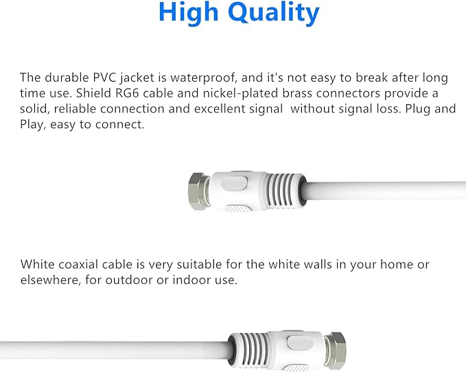 Coaxial Cable, 3ft White Coax Cable RG6 F Male to Male Connector Cord 75 Ohm - Image 4