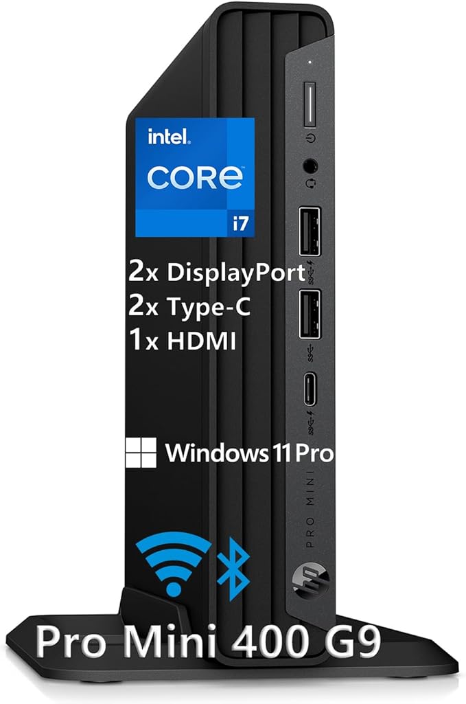HP Mini Desktop PC Computer for Office Work, Data Processing, Accounting, Video Editing, Intel i7-12700T (16GB RAM, 512GB SSD), 3X 4K Output, Wired Keyboard & Mouse & Stand Included, Windows 11 Pro by Unknown