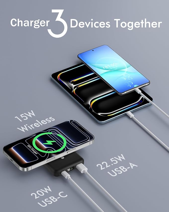 podoru for Magsafe Battery Pack, Foldable 10000mAh Magnetic Power Bank with USB-C Cable LED Display 22.5W PD Fast Charging Wireless Portable Charger for iPhone 17/16/15/14/13/12 Series-Black - Image 5