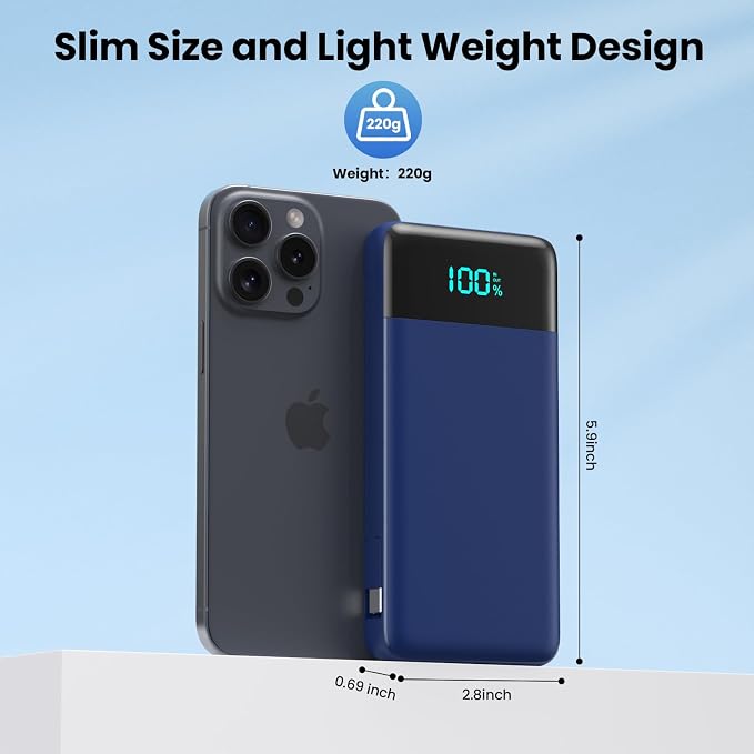 Portable Charger for iPhone,13800mAh Slim Power Bank with Built-in Cables & AC Wall Plug,All in One 4 Outputs USB C Fast Charging Battery Pack Travel Essential for iPhone 17/16/15/14,Android (Blue) - Image 3