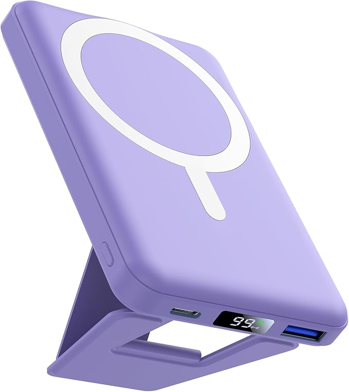 AOGUERBE for Magsafe Power Bank, 10000mAh Foldable Magnetic Battery Pack with LED Display, 3 in 1 Wireless Portable Charger with 22.5W Fast Charging for iPhone 17/16/15/14/13/12 Series-Lilac by AOGUERBE
