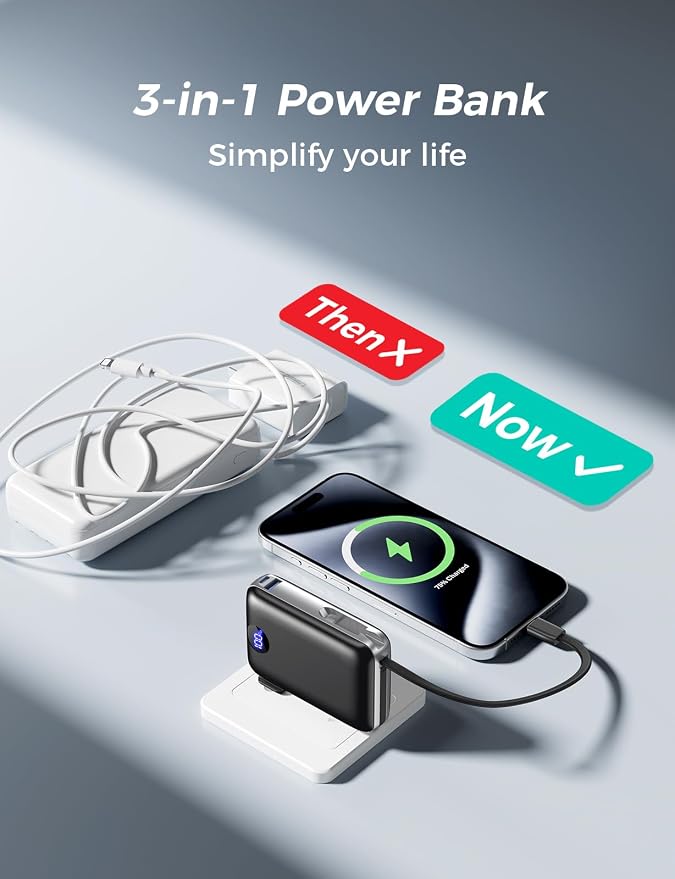 Portable Charger with Built-in Cables & Wall Plug, 10000mAh Power Bank, 4 Outputs 22.5W USB C Fast Charging, Slim Travel Battery Pack with LED Display for iPhone 17/16/15/14, Black - Image 3