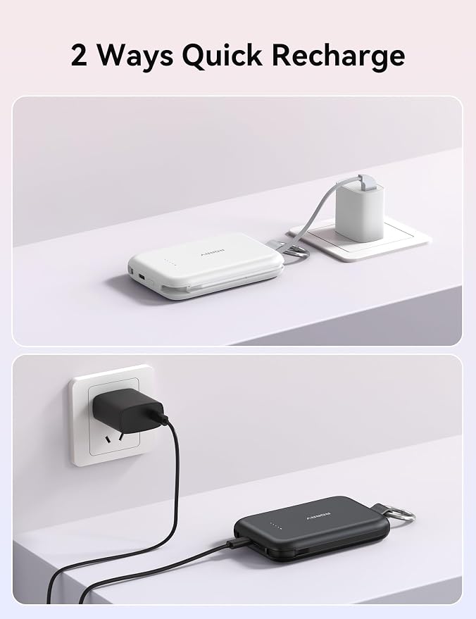 RORRY Portable Charger, 10000mAh PD 30W Fast Charging Portable Charger Power Bank with Built-in Cables, Travel Keychain Charger Battery Pack for iPhone 17/16/15/14/13/12, for AirPods 2/3/4/Pro, Black - Image 8