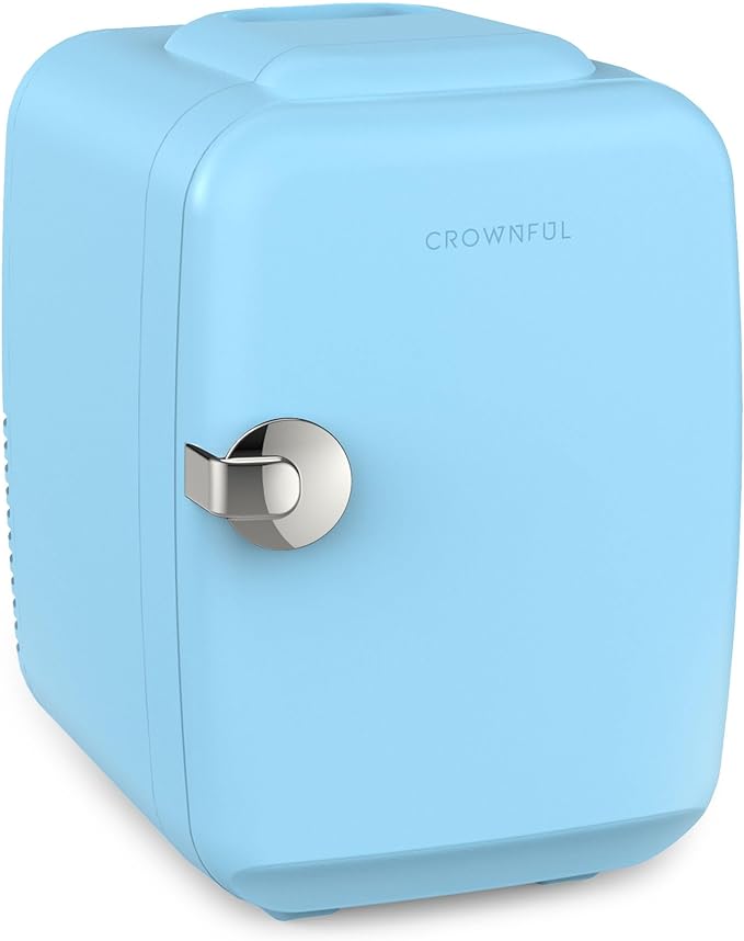 CROWNFUL Mini Fridge, 4 Liter/6 Can Portable Cooler and Warmer Personal Fridge for Skin Care, Cosmetics, Food,Great for Bedroom, Office, Car, Dorm, ETL Listed (Blue) by CROWNFUL