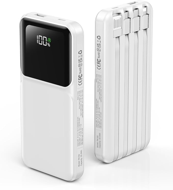 RONEGN Portable Charger with Built in Cable - Power Bank Fast Charging USB C LED Display 10000mah Battery Pack 5 Outputs & 3 Inputs for Travel Essentials iPhone Samsung Android Phones Tablets Grey by RONEGN