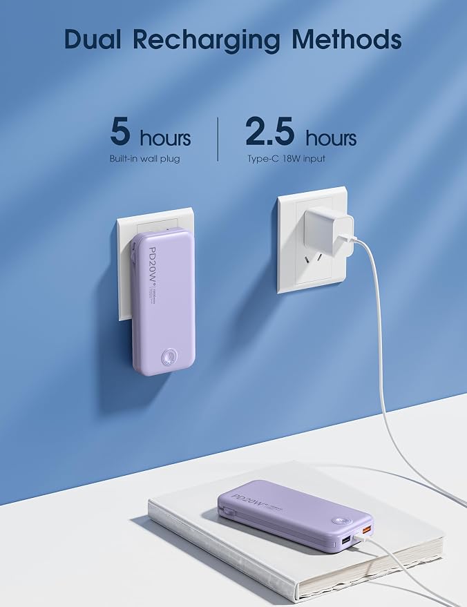 Nusyddy Portable Charger, 10000mAh PD20W Fast Charging Power Bank with Built-in Cables & Wall Plug, Travel Essential External Battery Pack, USB C Battery Phone Charger for iPhone, iPad, Samsung Purple - Image 7