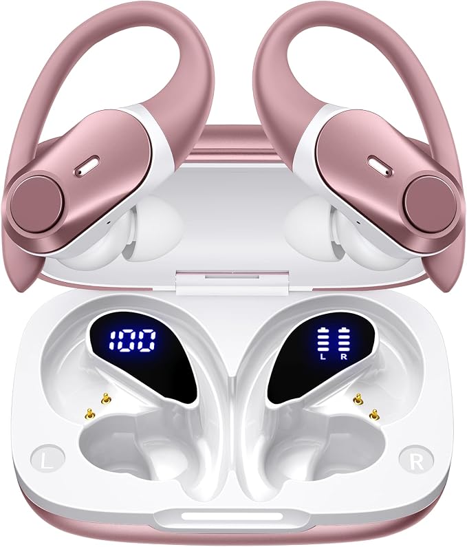 Active Noise Cancelling Ear Buds Wireless Earbuds 80H Playtime Bluetooth Headphones with LED Display Case, Hi-Res Audio Clear Calls Earphones with Over Ear Hooks for Running Gym Workout Travel Rouge by GOLREXWIRELESSEARBUDS