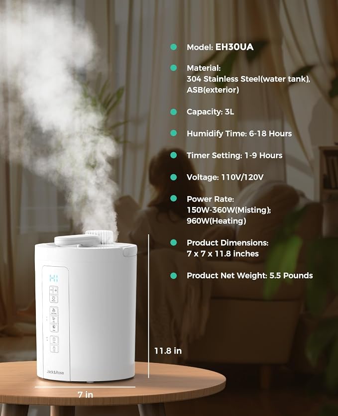 3L Stainless Steel Humidifier for Bedroom, Warm Mist Humidifiers Easy Clean, Steam Humidifier for Living Room, Whisper-Quiet and Filterless, with Sleep Mode and Timer, Auto-off Setting - Image 8