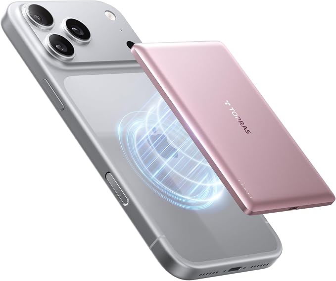 TORRAS MiniMag Power Bank, Ultra Slim 5,000mAh Wireless Portable Charger with USB-C Cable, Fast Charging iPhone Air MagSafe Battery Pack, Compatible Charger for iPhone 17/16/15/14/13/12, Azalea Pink by TORRAS