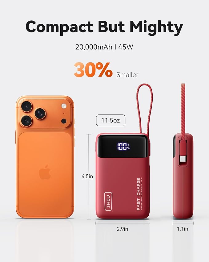 INIU 20000mAh Power Bank, Small Portable Charger, 45W PD Fast Charging Battery Pack with Build in USB-C Cable, Travel Phone Charger for iPhone 17 16 15 14 Air Samsung S25 S24 Google iPad Xiaomi, Red - Image 3