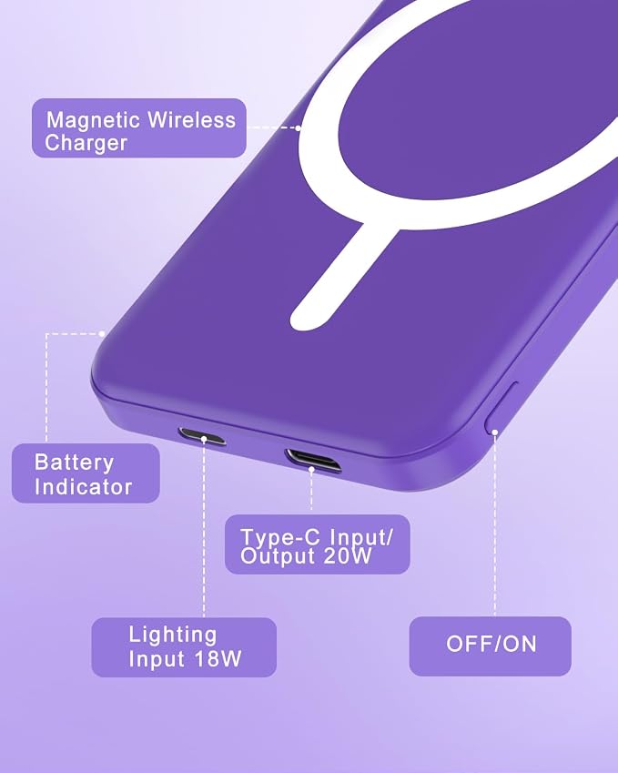podoru for Magsafe Battery Pack, 5000mAh Magnetic Power Bank with Type-C Cable 20W PD Fast Charging Lighting Input Wireless Portable Charger for iPhone 17/16/15/14/13/12/ All Series-Demon Purple - Image 6