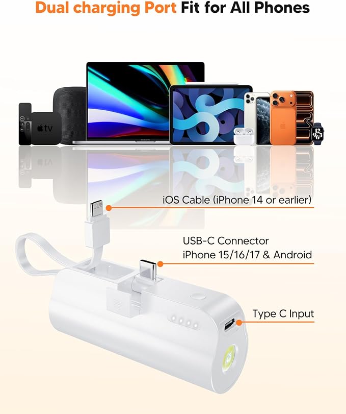 5000mAh Mini Portable Charger with Built-in Type C Connector & Cables,5V 2.4A USB-C Small Power Bank,2 Output Flashlight External Battery Pack Compatible with iPhone 17-12 Pro Galaxy,iPad (White) - Image 2