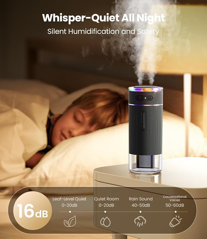 WSKEN Portable Small Humidifier for Bedroom - [Dual Nozzle Large Cool Mist] [Ambiance Lighting] [Car Smart On/Off] Ultrasonic Mini Personal Desk Air Humidifiers for Travel Office Baby Room,Black - Image 4