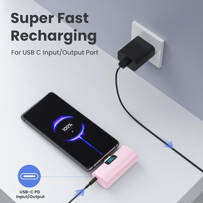 Mini Portable Charger USB C Power Bank,Upgraded 5500mAh PD Fast Charging Battery Pack Built-in USB-C Connector Travel Essential for iPhone17/17Pro/17Pro Max/Air/16 Plus/16Pro Max/15 Series -Pink - Image 2