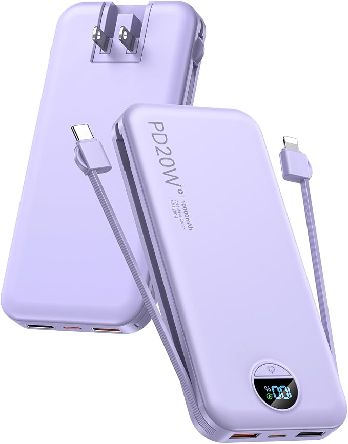 Portable Charger, 10000mAh PD20W USB C Fast Charging Power Bank with Built-in Cables and AC Wall Plug, Smart LED Display Travel Essentials Battery Pack Compatible with iPhone, iPad, Samsung etc Purple by CITICR