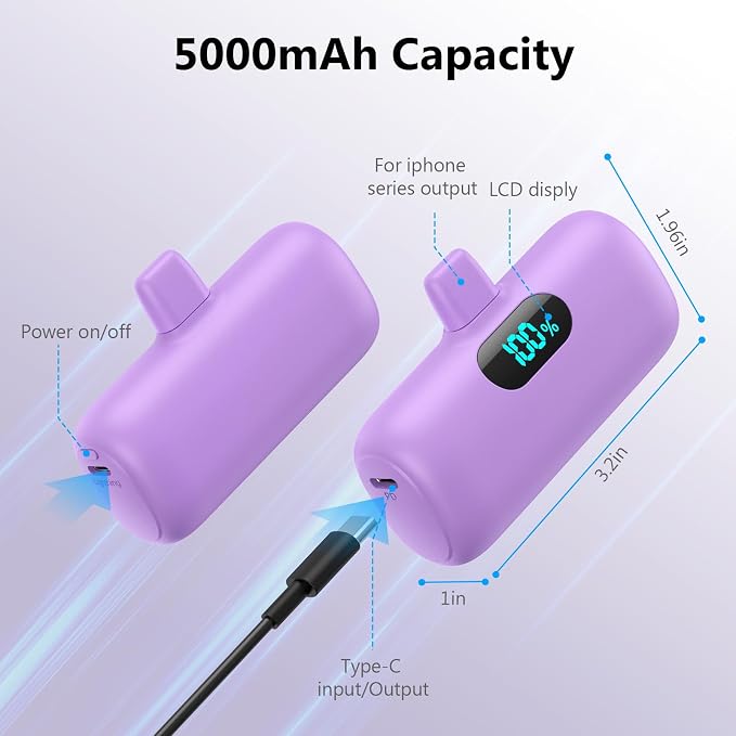 Mini Portable Charger for iPhone,Upgraded 5000mAh PD Fast Charging Battery Pack,LCD Display Cute Power Bank Portable Phone Charger for iPhone 14/14 Pro Max/13/13 Pro/12 Pro/11/XS/XR/X/8/7/6-Purple - Image 4