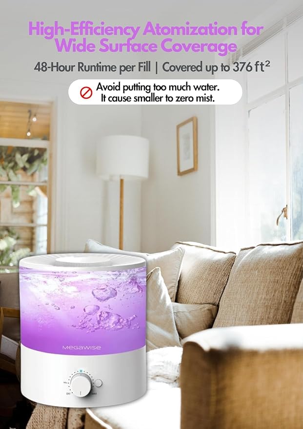 MegaWise Cool Mist Humidifiers for Babies, Bedroom, Nursery, Home and Office | Super Quiet Ultrasonic Vaporizer, Large Top-Refill 1.5L, Essential Oil Diffuser, Auto Off, Easy Clean (2 Pack) - Image 4