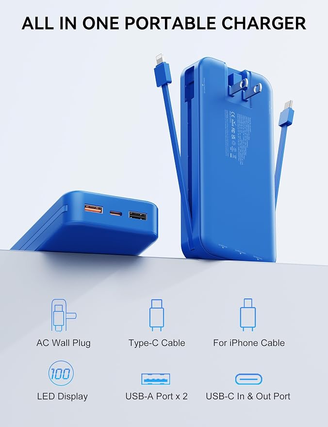 Portable Charger, 20000mAh 22.5W Fast Charging Power Bank with Built-in Cables & Wall Plug, USB C External Battery Pack with LED Display, Travel Essentials Phone Charger for iPhone iPad Samsung Navy - Image 3