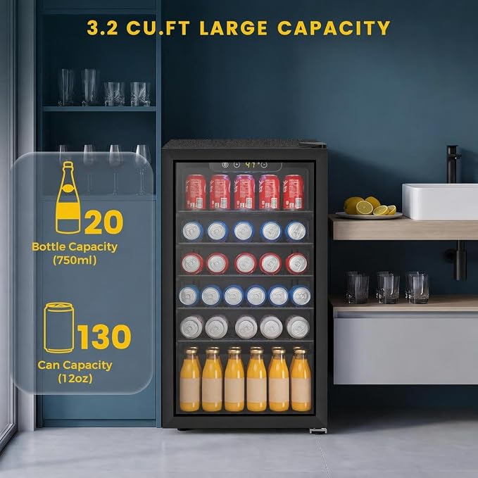 COWSAR Mini Fridge Cooler, 130 Can Beverage Refrigerator with Glass Door, ETL Approved Wine Fridge with Digital Temperature Control, LED Light, Reversible Door for Home, Office, Bar - 3.2 Cu.Ft - Image 3