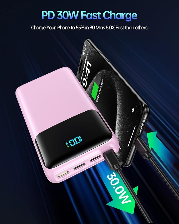 Portable Charger 50000mAh Power Bank, High Capacity External Battery Pack for Camping, USB-C PD 30W Fast Charging Portable Phone Charger for iPhone 17/16/15/14/13/12/11 Samsung Android (Pink) - Image 3