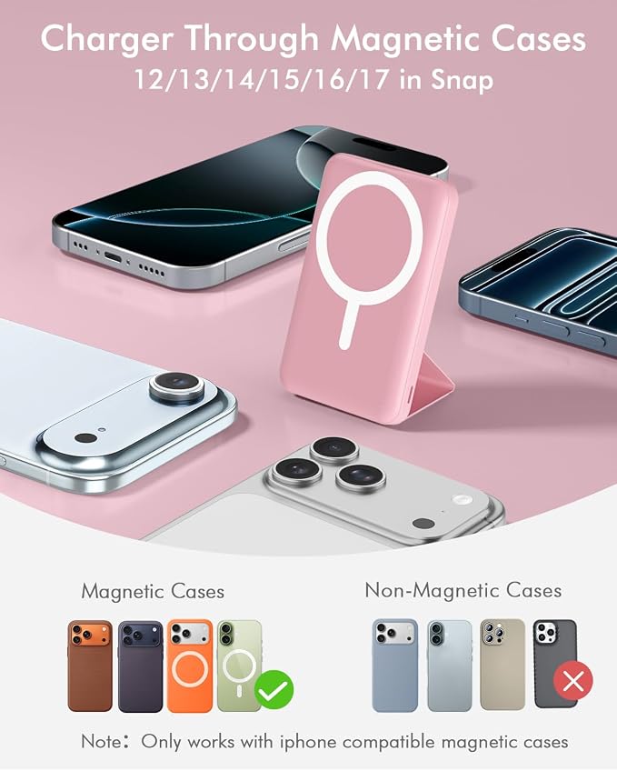 podoru for Magsafe Battery Pack, Foldable 10000mAh Magnetic Power Bank with USB-C Cable LED Display 22.5W PD Fast Charging Wireless Portable Charger for iPhone 17/16/15/14/13/12 Series-Pink - Image 2