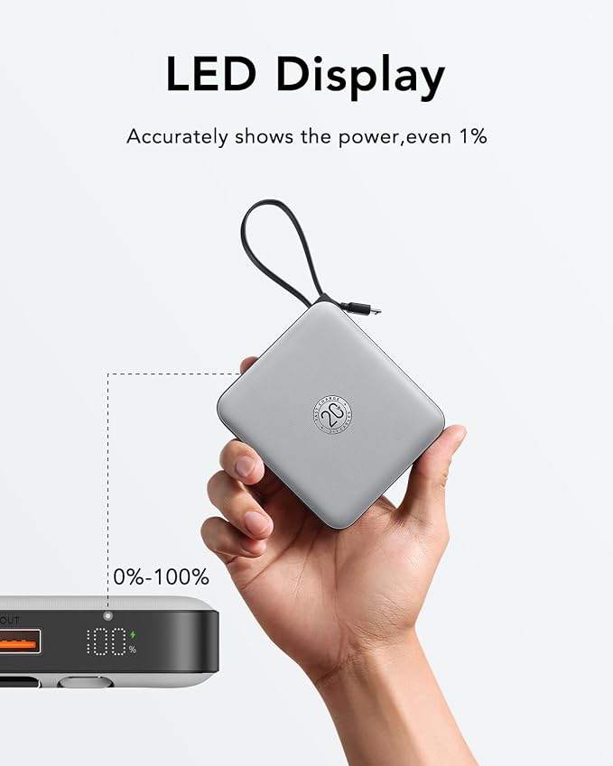 VRURC Portable Charger with Built-in Cable, 10000mAh 22.5W Fast Charging USB C Battery Pack, Cell Phone Power Bank for iPhone 17 16 15 Series Android Tablet (Grey) - Image 8
