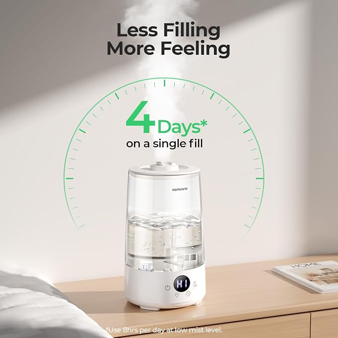 Homvana Humidifiers for Bedroom Home, 3.6 L Cool Mist Top-Fill 34H Super Long Time, Quiet 23dB, Baby Humidifier, Oil Diffuser for Large Room, House, Plant, Nursery, BPA FREE, Ultrasonic (Transparent) - Image 5