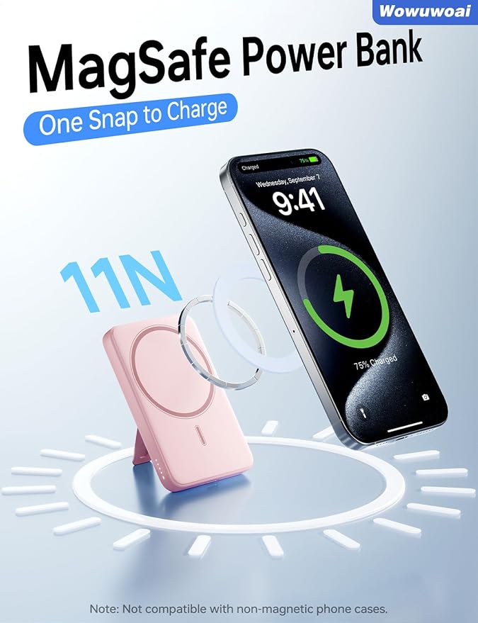 for Magsafe Portable Charger, 10000mAh Wireless Power Bank with Stand, USB C PD 20W Fast Charging Powerbank, Magnetic Battery Pack Compatible for iPhone 17/16/15/14/13/12 Series - Pink - Image 2