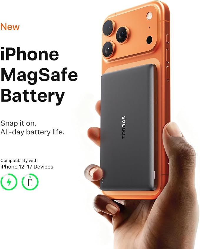 TORRAS MiniMag Power Bank, Ultra Slim 5,000mAh Wireless Portable Charger with USB-C Cable, Fast Charging iPhone Air Magnetic Battery Pack, Compatible for iPhone 17/16/15/14/13/12, Glacier Gray - Image 2