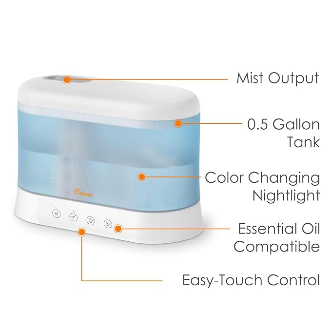Crane 1.9 Liter Top Fill Cool Mist Humidifier & Essential Oil Diffuser, Whisper-Quiet, 15-Hour Run Time, Night Light, Small Room Air Humidifier, Humidifiers For Bedroom Kids - Image 2