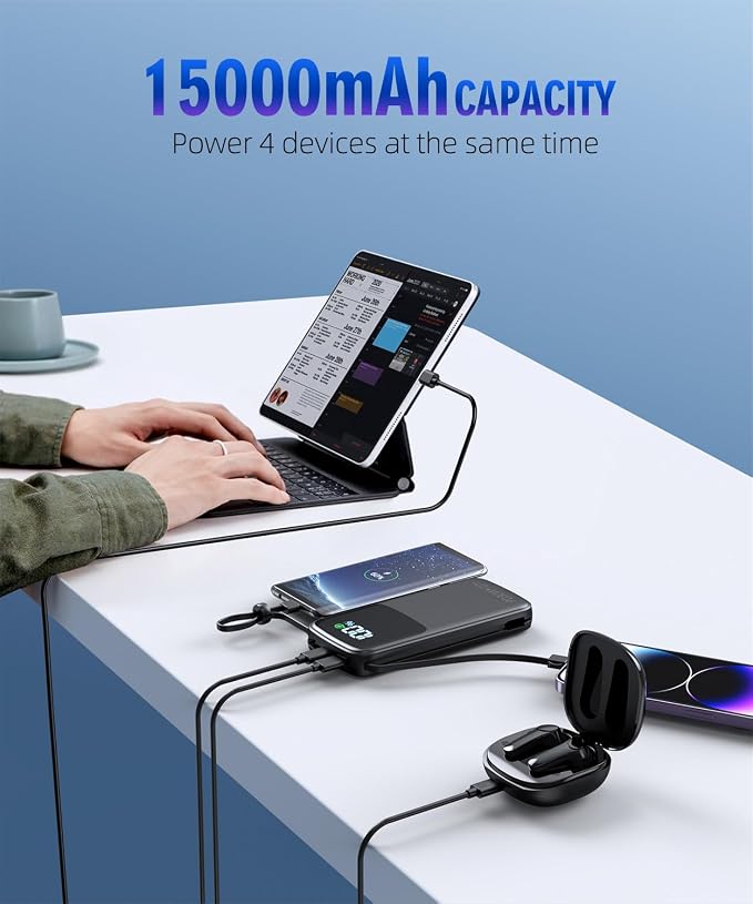 UYAYOHU Portable Charger, Power Bank, 15000mAh Battery Pack Fast Charging Lightweight, Built-in AC Wall Plug and 2 Output Cables with LED Display for iPhone15 14 13 12 11 Samsung iPad etc(Deep Black) - Image 7