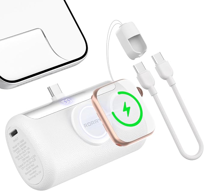 RORRY PalmGo Portable Charger, 10000mAh PD 22.5W Fast Charging Mini Power Bank with Built-in USB C Connector, 3-in-1 Battery Pack for iPhone 17/16/15 Pro/Max, Apple Watch Ultra/11/10/SE, iPad, White by RORRY