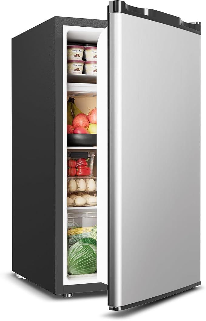 Feelfunn Mini Fridge with Freezer - 3.2 Cu.Ft Single Door Mini Refrigerator with Adjustable Thermostat, Energy Saving, Low Noise, Small Fridge for Bedroom, Office, Dorm, Apartment, Classroom - Silver by Feelfunn