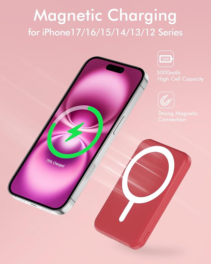 podoru for Magsafe Battery Pack, 5000mAh Magnetic Power Bank with Type-C Cable 20W PD Fast Charging Lighting Input Wireless Portable Charger for iPhone 17/16/15/14/13/12/ All Series-Red - Image 3