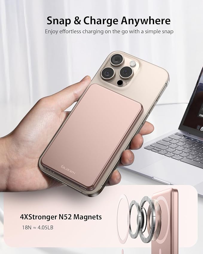 [0.3" Ultra Slim] [Alloy-Made] ULiXWH for Magsafe Portable Charger for iPhone, 2026 Upgrade 5000mAh Fast Charging Magnetic Power Bank, Wireless Battery Pack for iPhone 17 Air 16 15 Pro Max 14 13, Pink - Image 5