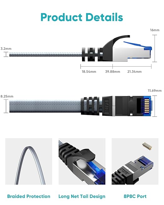 BUSOHE Cat 8 Ethernet Cable 1.5 ft, Nylon Braided High Speed Heavy Duty Network - Image 4