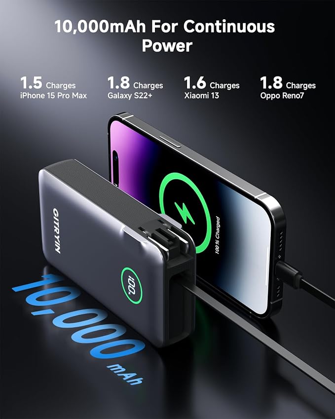 Portable Charger with Built in 25.6in Retractable Cable and Wall Plug, 10000mAh USB C Travel Power Bank, 35W Fast Charging Battery Pack Compatible with iPhone 16 15 14 13 Samsung Android Phone etc - Image 4