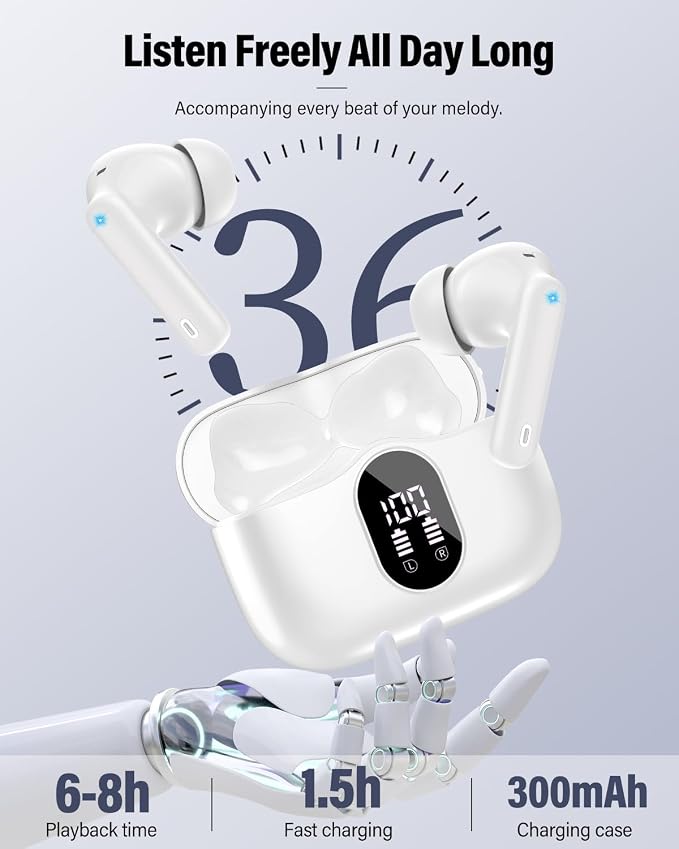 Wireless Earbuds, Bluetooth 5.4 Headphones Bass Stereo/Clear Calls, White | Ear Buds with Noise Cancelling Mic LED Display in Ear Earphones IP7 Waterproof 36H Bluetooth Earbuds for Phones/Sport/Laptop - Image 5
