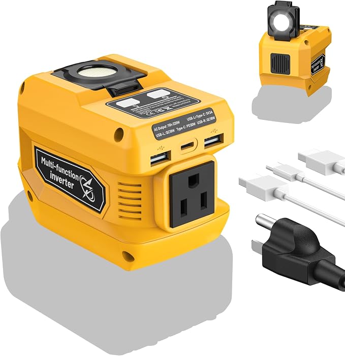 Azocek 220W Power Inverter Compatible with Dewalt 20V Battery(Battery not Included), DC 20V to AC 110V, 2 USB Ports & 1 Type-C Fast Charging, 400LM LED Work Light - Image 8
