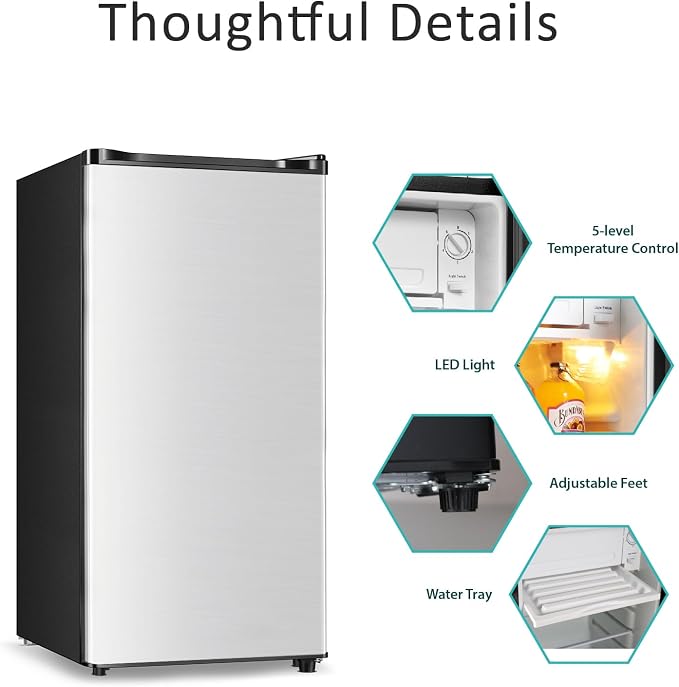 Seaoola Mini Fridge with Freezer, Single Door 3.1 Cu.Ft, Compact Mini Refrigerator, LED Light, Adjustable Thermostat, Removable Glass Shelves, Small Refrigerator for Dorm/Office/Bedroom(Sliver) - Image 3