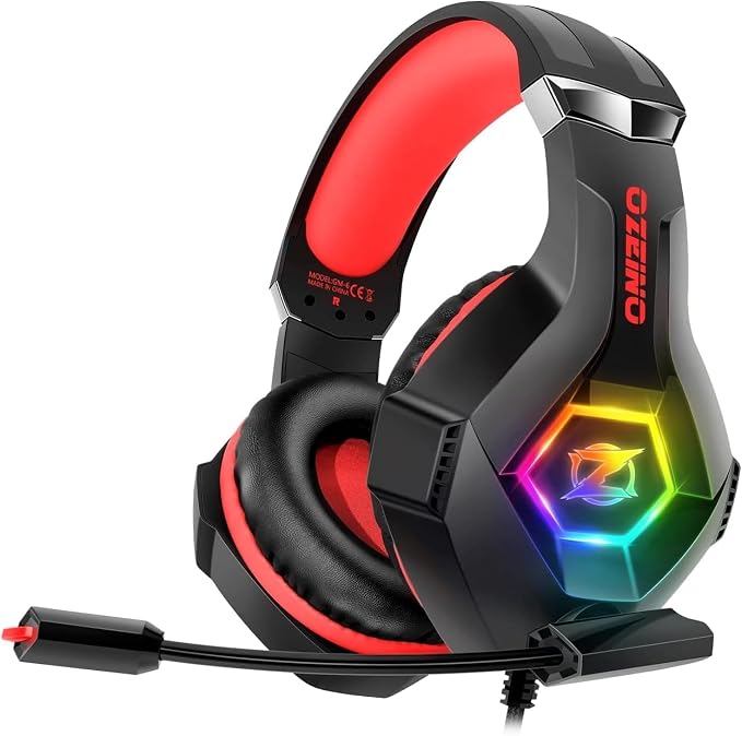 Ozeino Gaming Headset for PC, Ps4, Ps5, Xbox Headset with 7.1 Surround Sound, Gaming Headphones with Noise Cancelling Mic RGB Light Over Ear Headphones for Xbox Series X/S, Switch -Red by Ozeino